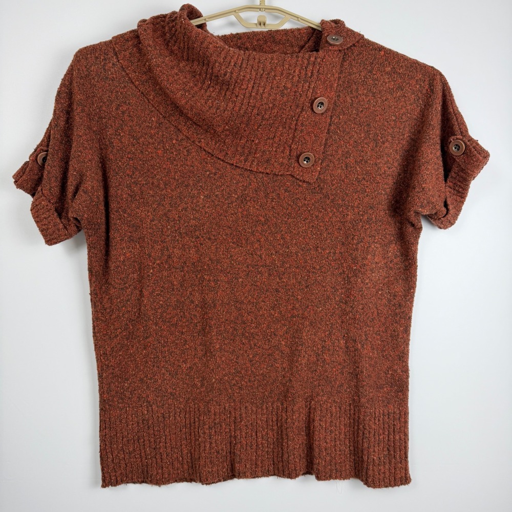 Christopher & Banks Rust Orange Marled Cowl Neck Button Short Sleeve Sweater L